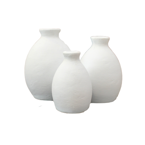 Matte white terracotta vases shown in three different sizes. 